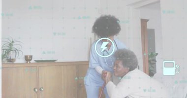 Servis simgeleri odada kaybolurken hemşireler kırmızı baston kullanarak ayağa kalkıyor. Bakıcı, kıdemli, destek, sağlık, yardım, sağlık, ev