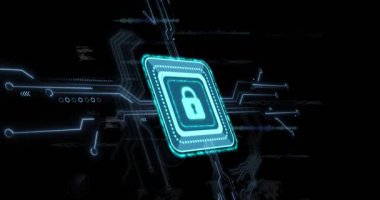 Asma kilit çipi yüzen devreler büyüyor, veri ağı atıyor, harita soluyor, parlayan kilit ağı. Siber güvenlik, dijital, teknoloji, güvenlik, yenilik, ağ, veri