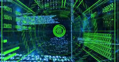 Neon şebeke tüneli içinde açılıyor, merkez çember rakamları güncelliyor, kod akışları ağa yayılıyor. Siber güvenlik, dijital, fütüristik, teknoloji, yenilik, veri, hareket