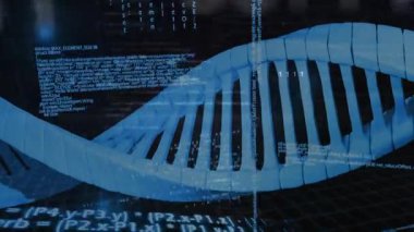 İkili kod üzerinde soldan sağa dönen Helix açıkta kalan tarafta kayboluyor, kod demo için sürükleniyor. Futuristik, teknolojik, bilim, yenilik, soyut, dijital, görselleştirme