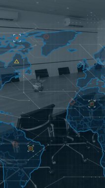 Ofis üzerinde dünya haritası, istatistik ve veri işleme animasyonu. Küresel iş, finans, dijital arayüz, hesaplama ve veri işleme kavramı dijital olarak oluşturuldu.
