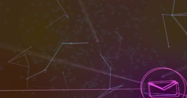 mor arkaplan başlatma ağı, dijital iletişim için kayan ve bağlanan altı simge. Teknoloji, bağlantı, dijital, yenilik, ağ, iletişim, fütürist