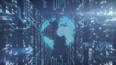 Veri duvarları arasında süzülen holografik küreyi döndüren, darbe devreleri ve çubuklar arasında döndüren, veriyi görselleştiren. Fütürist, sürükleyici, dijital, teknoloji, yenilik, analitik, siber