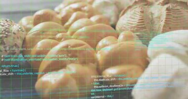 Yeşil şebeke çizgileri zayıflıyor ve kod parçaları dijital entegrasyonu görselleştirmek için ekmeğin üzerinde kayıyor. Fırın, dijital, teknoloji, yenilik, sanatsal, modern, minimalist