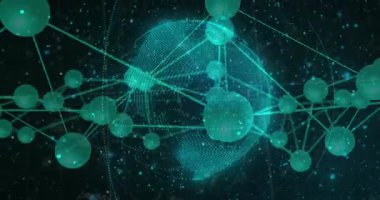 Soluk 3D noktalı küre görünen sürücü küreler parlayan çizgileri birleştirip veri ağı oluşturuyor. Teknoloji, bağlantı, siber alan, dijital, yenilik, gelecek, ağ