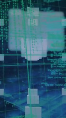 Güvenlik kilidi simgesi oluşturan mikro işlemci bağlantıları üzerinden veri işleme animasyonu. Siber güvenlik ve iş teknolojisi kavramı