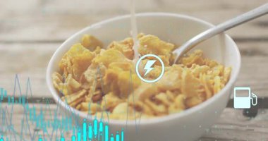 Elektrikli cıvata ortaya çıktığında mısır gevreği kasesi mısır gevreği yakıtlı yaşamı göstermek için süt ve ikonlar alıyor. Enerji, beslenme, veri, dijital, yenilik, sağlık, sürdürülebilirlik