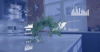 Ara verildiğinde, dijital paneller bitkinin etrafında maddeleşir, grafikleri gösterir verileri görselleştirir ve solarlar. Teknoloji, analitik, yenilik, dijital, çalışma alanı, veri görselleştirme, modern