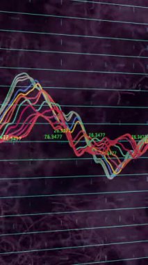 Mor arkaplandaki sayısal verilerle renkli dalgalanan çizgi grafiğinin animasyonu. İstatistik, analitik, dijital, veri görselleştirme, teknoloji, finans
