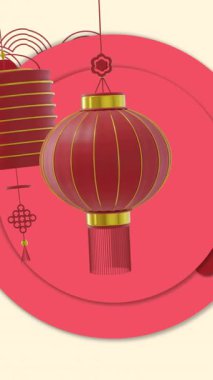 Fenerlerin animasyonu ve sarı arka planda kopya alanı olan Çince desenler. Çin yeni yılı, şenlik, kutlama ve geleneksel konsept dijital olarak oluşturulmuş video.