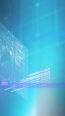 Mavi arkaplanda hareket eden ekranların veri işleme animasyonu. küresel bağlantılar, teknoloji ve dijital arayüz konsepti dijital olarak oluşturulmuş video.