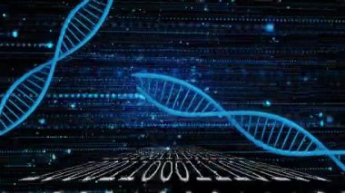 Kenarlardan çıkan 3 boyutlu DNA sarmalları birleşerek dönüşümlü olarak ayrılırlar ve gen değişimini temsil ederler. Gelecek, teknoloji, dijital, biyoteknoloji, animasyon, bilim, yenilik