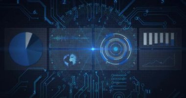 Gösterge panelleri kademeli olarak doldurulurken halkalar titreşiyor ve verileri döndürüyor. Futuristik, teknolojik, veri görselleştirme, arayüz, dijital, soyut, yenilik