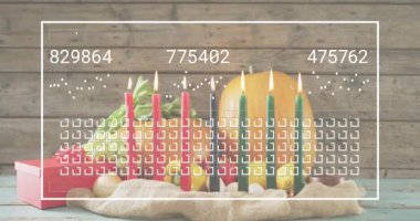 Kinara mumlarında görünen 1 saniyelik örtüden sonra, sayılar kaybolmadan önce verileri göstermek için güncelleniyor. Kutlama, maneviyat, gelenek, sıcaklık, kırsal, canlı, dinginlik