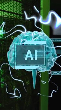 Bilgisayar sunucularında ai metin, beyin ve veri işleme animasyonları. Dijital olarak oluşturulmuş küresel yapay zeka, bağlantılar, hesaplama ve veri işleme kavramı.