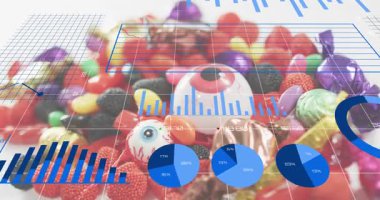 Şekerleme yığınının üzerinde yükselen şebeke düzlemi, grafikler değişiyor ve güncelleniyor, veri eğilimlerini görselleştiriyor. Şekerlemeler, veri görselleştirme, 3D grafikler, analitik, bilgi, pazarlama, renkli