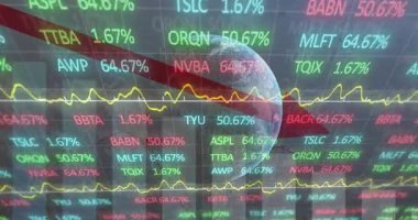 Kırmızı ok dilimleme ızgarasıyla başlıyoruz. Piyasa düşüşü için güncelleme yaparken 3D Dünya dönüyor. Futuristik, veri görselleştirme, teknoloji, dijital, küresel, analitik, finans