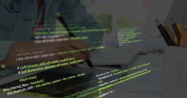 Adult hands placing stylus on tablet initiating code overlays while sketching for code demo. Technology, digital artistry, software development, creative workspace, minimalist, innovation, programming