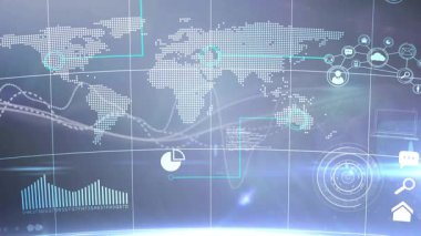 Kaybolan başlangıç dalgaları Avustralya 'yı saran parlayan simgeleri tarıyor ve verileri gösteriyor. Coğrafya, analitik, teknoloji, görselleştirme, arayüz, dijital, bağlantı