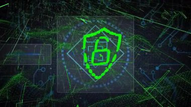 Şebeke açılışı kalkan çizimi başlatılıyor ve asma kilit maddeleşiyor, titreşim hatları güvenliği gösteriyor. Siber uzay, güvenlik, şifreleme, dijital, ağ, fütürist, teknoloji