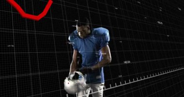 Kırmızı performans çizgisi veri şebekesini çökertirken futbolcu miğferi başından başa kaldırıyor. Sporcu, spor, teknoloji, analiz, performans, fütürizm, dijital