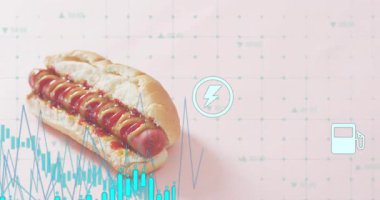 Candlestick tablosu, sanayi sektörlerini temsil eden sosisli sandviçlerin etrafında canlanan simgelerin içinde kayboluyor. Soyut, dijital, minimalist, finansal, yatırım, teknoloji, yenilik