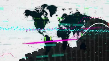 Dünya haritasının arkasında yükselen çubuklar, küresel pazar eğilimlerini temsil etmek için deniz mavisi çizgisi kaymasını başlatıyor. Infographic, analytics, digital, technology, business, data güdümlü, futuristic