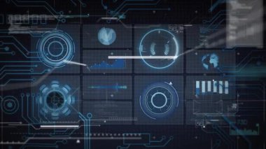 Parlak devre çizgileri içe doğru tarıyor ölçü çizelgelerini ve imleç titreşim ölçümlerini gösteriyor. Futuristik, teknoloji, veri görselleştirme, dijital analitik, kullanıcı arayüzü, yenilik, siber