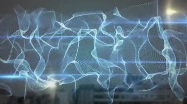 Şeffaf mavi kurdele ağ örgüsü şehrin ufuk çizgisini oluşturuyor, teknoloji ağını görüntüleyen çizgilerle dalgalanarak. Veri görselleştirme, dijital mimari, fütüristik tasarım, soyut model, modern teknoloji, geometrik sanat, görsel efektler