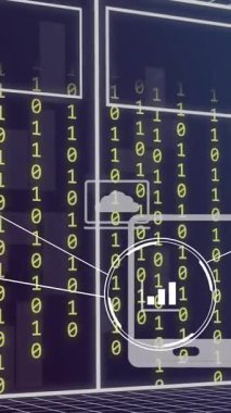 İkili kodlama üzerine simgelerle bağlantı ağının animasyonu. Teknoloji ve dijital arayüz kavramı, dijital olarak oluşturulmuş video.