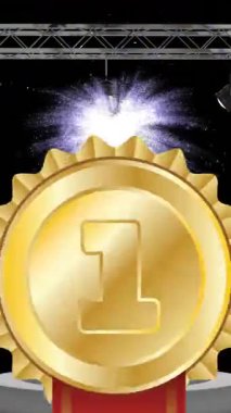 Siyah zemin üzerinde 1 metin, konfeti ve podyum bulunan altın madalya animasyonu. Birinci, birinci, rekabet, başarı, zafer ve kutlama, dijital olarak oluşturulmuş video.