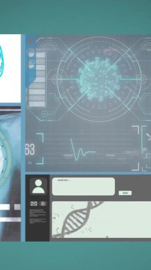 Kapsam taraması ve dijital ekranda tıbbi veri işleme animasyonu. küresel tıp, teknoloji ve dijital arayüz kavramı dijital olarak üretilen video.