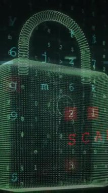 Dijital profil resimlerinin animasyonu, rakamlı asma kilit, harfler, semboller, arka planda metinler. Dijital olarak oluşturulmuş, hologram, illüstrasyon, koruma, ntf, şifre ve teknoloji kavramı.