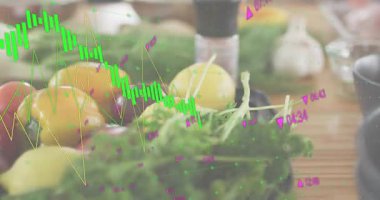 Üretim ve şifalı bitkiler üzerinde görünen örtüşme, dalgalanan veri grafiği, gerçek zamanlı trendleri görselleştirme. Taze üretim, mutfak, veri görselleştirme, sağlık, teknoloji, organik, canlı