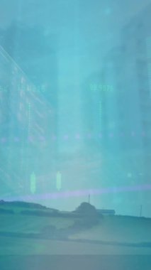 Küre animasyonu, veri tabanı ve binaların düşük açılı görüntüsü, manzaradaki yel değirmeni. Dijital bileşik, çoklu pozlama, rapor, iş, sürdürülebilir enerji, güç üretimi, şehir.