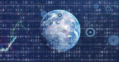 İkili sistem ortaya çıkarken ve çizgi grafikleri yüzde etiketleri çizerken Dünya 'yı döndürmeye başlayın. Teknoloji, veri, görselleştirme, dijital, analitik, fütüristik, küresel