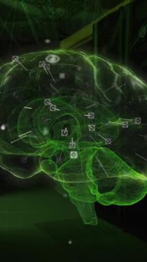 Animation of connections and digital brain over server room. Global technology, online security and digital interface concept digitally generated video.