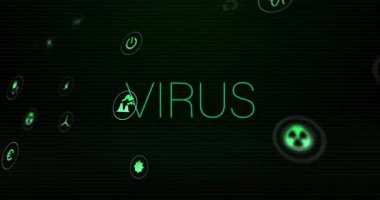 Parlayan VIRUS yazıları virüsü temsil ederken yeşil simgeler sürükleniyor. Siber güvenlik, dijital, fütürist, kirlilik, teknoloji, uyarı, animasyon