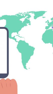 Animation of world map and media icons over hands using tablet. Social media, travel and digital interface concept digitally generated video.