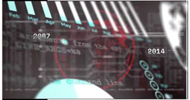 Gösterge paneli açılıyor, verileri görselleştirmek için dönen dünya ve kod kaydırma, yıl etiketleri güncelleniyor. Teknoloji, büyük veri, dijital, analitik, görselleştirme, ağ, fütürist