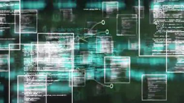 İkili arkaplan, akış şeması oluşturan düğümler ağı görselleştirirken kod pencerelerini çalıştırıyor. Teknoloji, veri, görselleştirme, yenilik, dijital, ağ, soyut