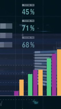 Siyah arkaplan üzerinde renkli grafik ve veri işleme animasyonu. Veri, dijital arayüz, bağlantı, ağ ve küresel iletişim, dijital olarak oluşturulmuş video.