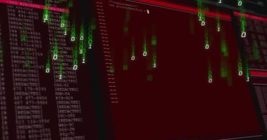 Parıldayan parmaklar, kırmızı kod UI 'de sızma arayüzünü temsil eden ikili yağmur akışını başlatıyor. Siber güvenlik, veri akışı, dijital ortam, programlama, teknoloji, fütüristik, soyut