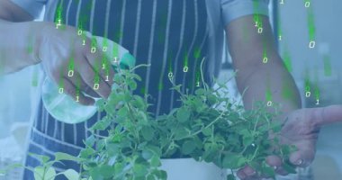 Ev bahçıvanı püskürtücü başlığı ve sislenme tesisi ile dijital ikili kod şelalesi. Bahçıvanlık, sağlık, bahçıvanlık, farkındalık, ev, doğal, yenilikçi