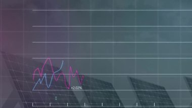 Izgara örtüsü panellerde soluyor, morumsu ok çizimi, dalgalanan çizgiler, yükselen çubuklar çıktıyı gösteriyor. Yenilenebilir, sürdürülebilirlik, enerji, veri görselleştirme, teknoloji, dijital, analitik