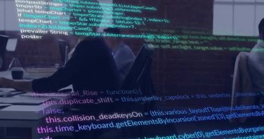 mid adult woman typing on laptop, initiating holographic code overlay for team coding. Technology, software, innovation, collaboration, workspace, futuristic, digital