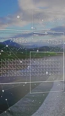 Manzara üzerinde veri işleme animasyonu. Küresel iş, bağlantılar, hesaplama ve veri işleme kavramı dijital olarak oluşturulmuş video.