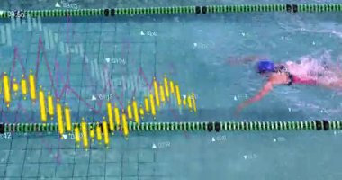 Sarı çizelge, spor analizi için sağ serbest yüzücüden yüzücü olarak kulvarın yukarısında canlanıyor. Sporcu, veri görselleştirme, su, performans, analitik, hareket, dinlenme