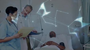 Holografik dünya dönüşümlü olarak hastaya danışmanlık yapan bir hemşirenin sağlık koğuşuna girmesi. Tıbbi, teknoloji, yenilik, sağlık, bağlantı, analiz, görselleştirme