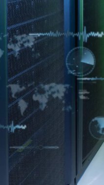 Animation of data processing over computer servers. Global online security, business, finance, computing and data processing concept digitally generated video.